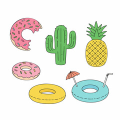 Summer themed cartoon icons: bitten donut, cactus, pineapple, and colorful floatation rings.