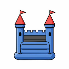 Playful Blue Bouncy Castle with Red Flags, Cartoon Illustration.