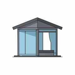 Minimalist Glass Gazebo with Gray Roof and Blue Curtains Illustration