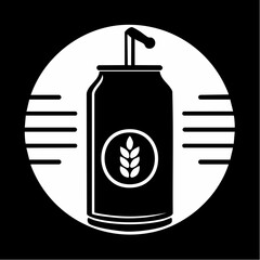 A stylized black and white illustration of a soda can with a straw, featuring a wheat stalk emblem, set against a circular background with horizontal lines.