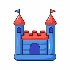 Playful Inflatable Castle with Red Roofs and Blue Towers.