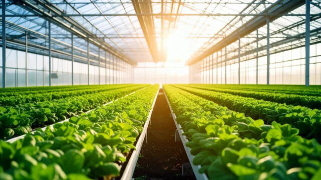 Lettuce growing in rows in a hydroponic greenhouse under bright sunlight for agricultural purposes.