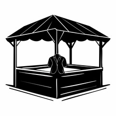 Silhouette of a jacket draped over the railing of an open-air gazebo structure with a polygonal roof.
