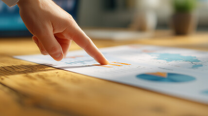 Hand pointing at business report with charts representing analysis insight performance review and data driven decision making