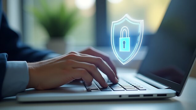 Hands typing on a laptop, featuring a glowing blue digital security shield with a padlock icon, representing essential online data protection, robust cybersecurity, and digital privacy