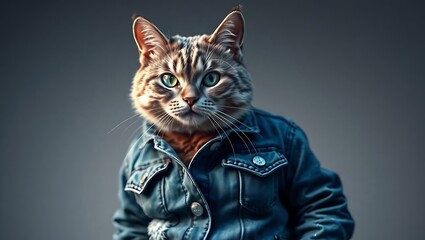 A tabby cat with green eyes wearing a blue denim jacket against a grey gradient background