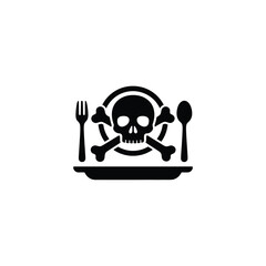 Skull and crossbones symbol on a dinner plate with cutlery, representing food poisoning or a dangerous meal