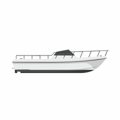 Sleek white motorboat with black accents, side view, minimalist design