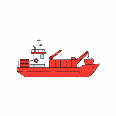 Red cargo ship with cranes and containers, side view, minimalist style