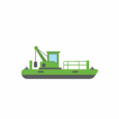 Green Dredge Boat with Crane and Railing, Vector Illustration Style