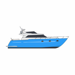 Sleek Blue Motor Yacht Illustration with Detailed Design and Antenna