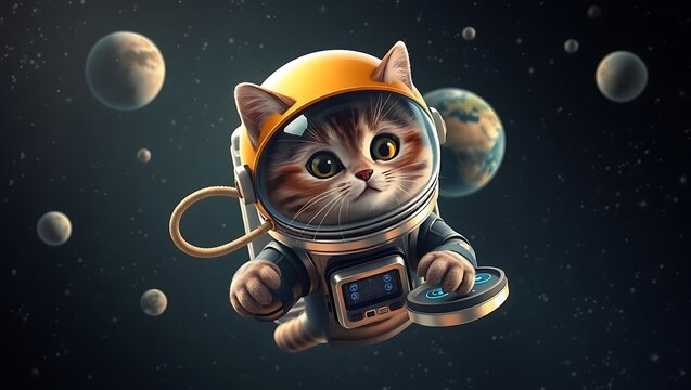 A tabby cat in a spacesuit floating in space with planets and stars in the background scene view