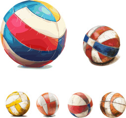 set of volleyball in color style, sports equipment set in color style 