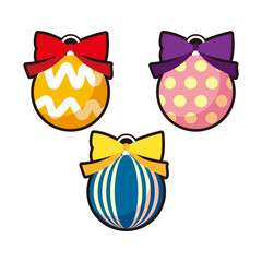 Three patterned ornament balls with bows are arranged side by side