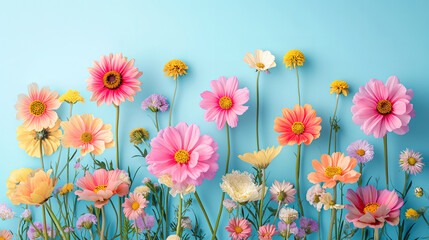 Pastel blue background showcasing beautiful spring flowers, ideal for romantic bouquet designs