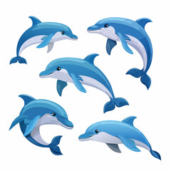 Naklejka premium A charming vector illustration set of five blue dolphins in different dynamic and playful poses, isolated on a white background for easy use