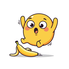 Fototapeta premium A funny yellow cartoon character with a shocked expression slipping on a discarded banana peel, illustrating a clumsy accident or surprise