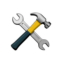 Crossed Hammer and Wrench Tools on Black Background intersection