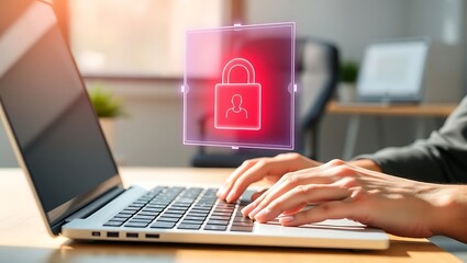 Hands actively typing on a modern laptop, symbolizing robust digital data protection and privacy with an illuminated padlock icon for enhanced online security measures