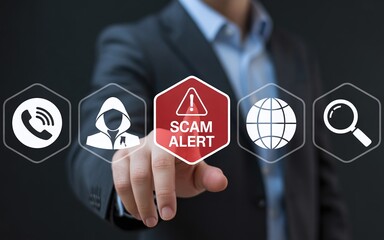 Man pointing at scam alert icon with icons for phone, hacker, globe, and search