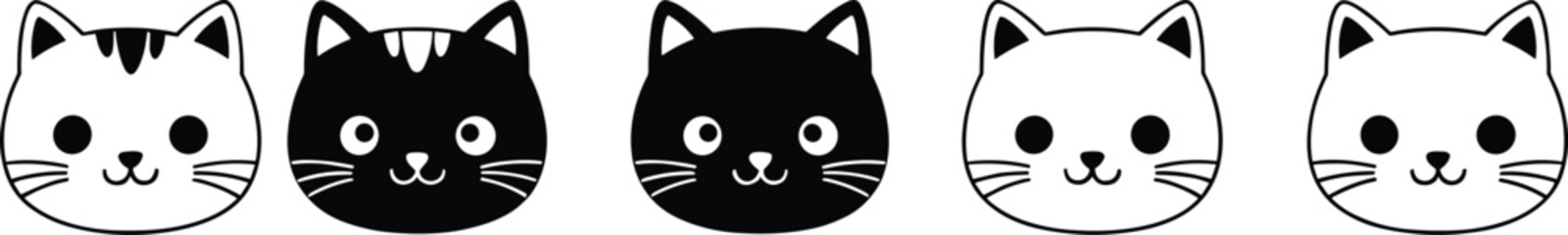Cute cartoon cat faces icons, black and white cat illustrations, kawaii pet expressions, adorable feline designs, minimalistic cat artwork. © Rafin's World