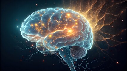 A brightly glowing digital brain pulsates with light, representing intelligence, advanced technology, and complex neural networks in an abstract dark space.