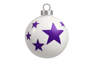 White christmas ball ornament decorated with purple stars on transparent background