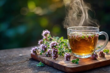 Hot herbal tea in a clear glass cup sits on a wooden board with sprigs of purpleflowered herbs Steam rises