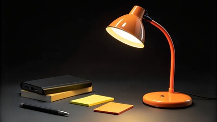 An orange desk lamp brightly illuminates a black power bank, a pen, and colorful sticky notes on a dark surface, creating a focused workspace scene.