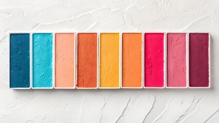 A vibrant array of colorful rectangular pigment pans is neatly organized, showing a beautiful color gradient on a textured white background.
