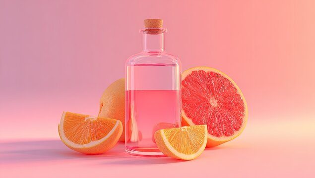 Pink elixir bottle and grapefruit slices on a pastel background