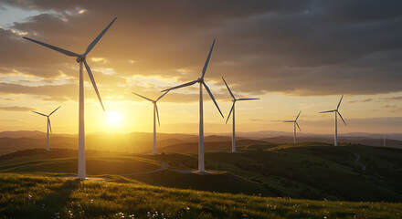 Wind turbines on green hills at sunset, golden light hitting blades, panoramic ultra-realistic composition, renewable energy landscape and sustainability technology concept