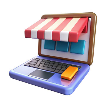 3d rendering of laptop with open store awning and products displayed isolated on transparent background