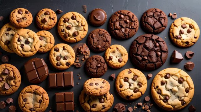Assortment of gourmet chocolate chip cookies and chocolate bars, various types of baked sweets on dark surface for food and baking concepts