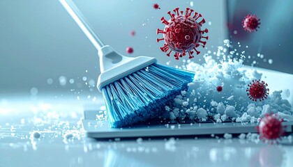 An antivirus software is depicted as a digital broom sweeping away viruses from a computer screen
