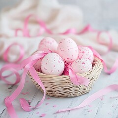 Pink speckled easter eggs in a woven basket tied with ribbon