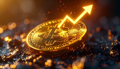 Golden Bitcoin coin glowing with futuristic lighting, digital circuit patterns