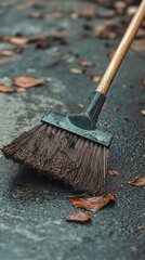 Closeup of a broom with fallen leaves on wet asphalt