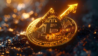 Golden Bitcoin coin glowing with futuristic lighting, digital circuit patterns