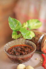 A traditional Indonesian fried chili sauce, spicy and mouth-watering. Rich in onions and chilies. Stores well in a jar.
