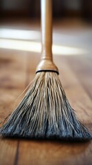 Closeup of a broom on a wooden floor