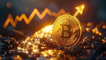 Golden Bitcoin coin glowing with futuristic lighting, digital circuit patterns