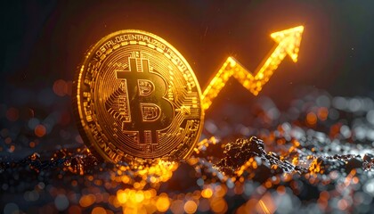 Golden Bitcoin coin glowing with futuristic lighting, digital circuit patterns
