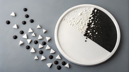 A minimalist abstract design showcases a round black and white textured plate. White triangles and black circles are scattered across a grey surface.