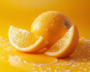 Whole orange and slices with water drops on a yellow background