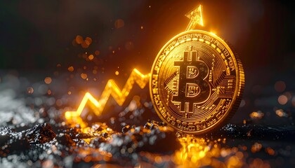 Golden Bitcoin coin glowing with futuristic lighting, digital circuit patterns