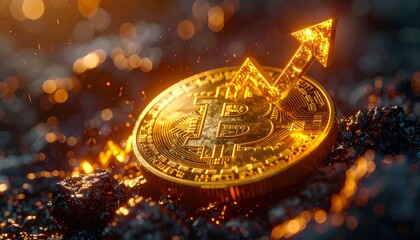 Golden Bitcoin coin glowing with futuristic lighting, digital circuit patterns