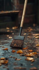 Broom sweeping fallen autumn leaves on a wet pavement