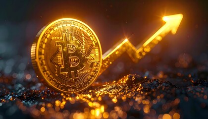 Golden Bitcoin coin glowing with futuristic lighting, digital circuit patterns