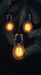 Three vintage edison light bulbs hanging on a pine tree